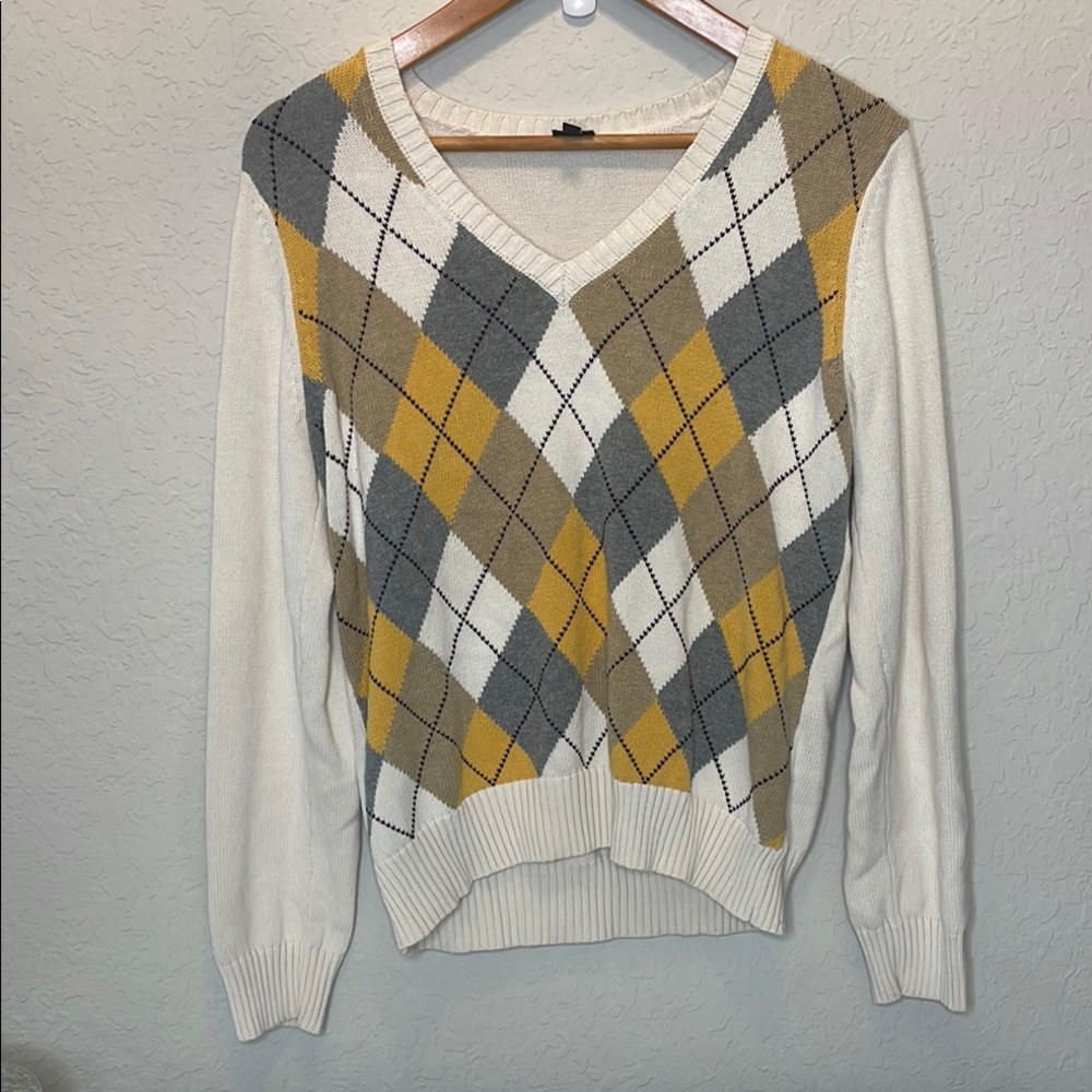 Rafaella V-Neck Argyle Sweater in Yellow, Gray, and Cream